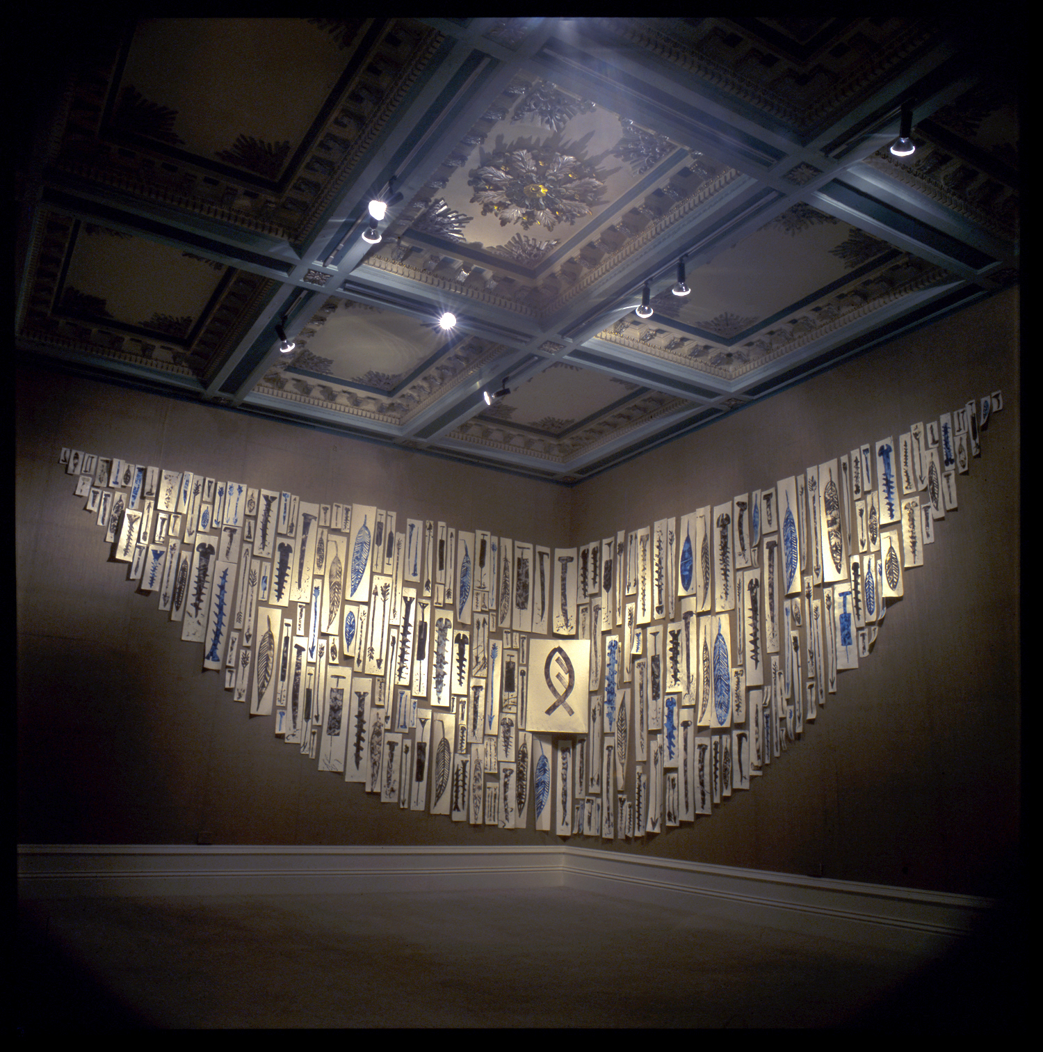 Artifiction, large Installation of alternative process photograms, Cyanoptypes & Van Dyke Brown prints, Forrester Gallery, Oamaru, New Zealand 1998 - Lloyd Godman